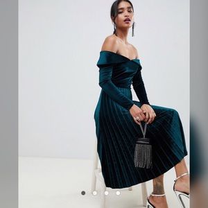 Green pleated velvet bardot Midi dress